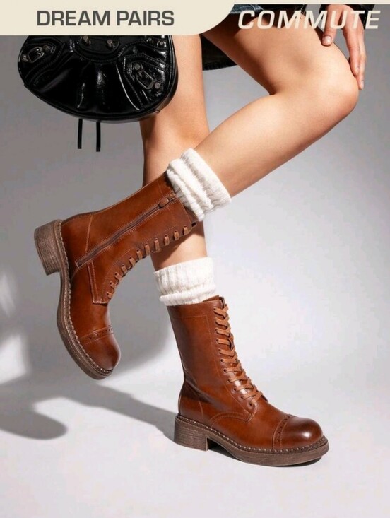Shoes - Women's Mid-Calf Boots Fashion Motorcycle Boots Square Toe Lace-Up